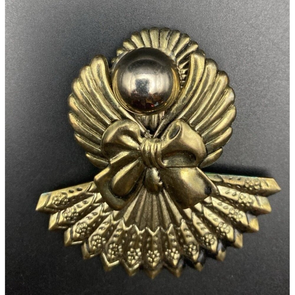 Vtg Brass Angel Brooch Halo Fan Bow Textured Wings 2.5" Patina Christmas Pin